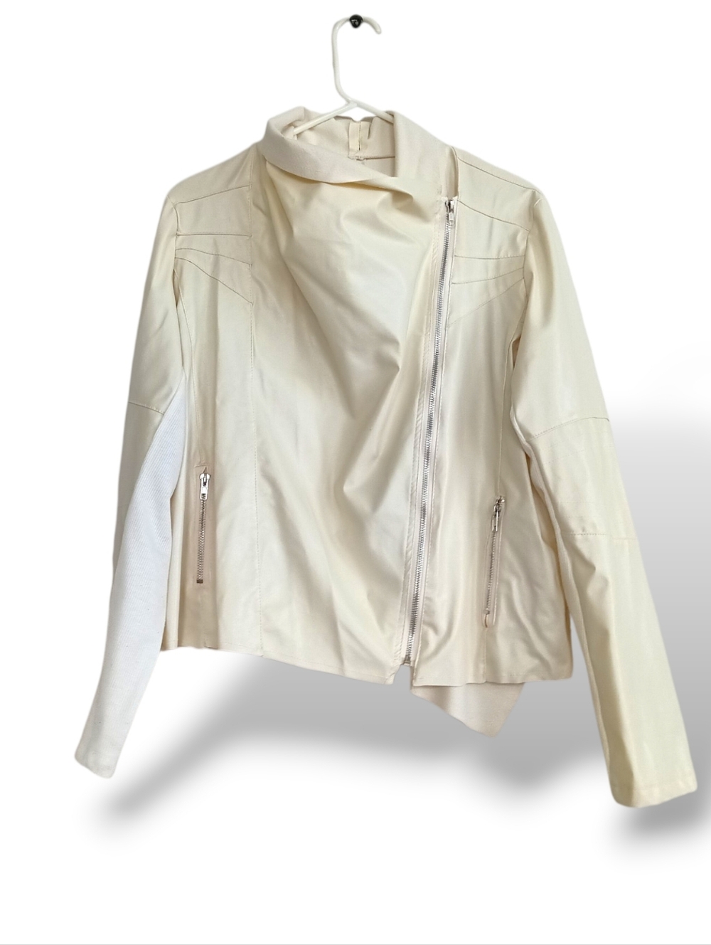 Cream Zip Moto Jacket Faux Leather Lightweight Off White Plus Edgy Asymmetrical